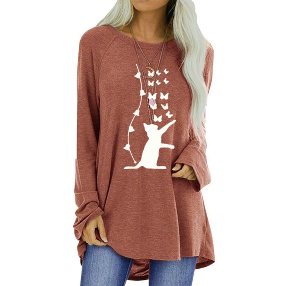 Buy Plus Size Womens Cat Butterfly Printed Long Sleeve Round Neck T