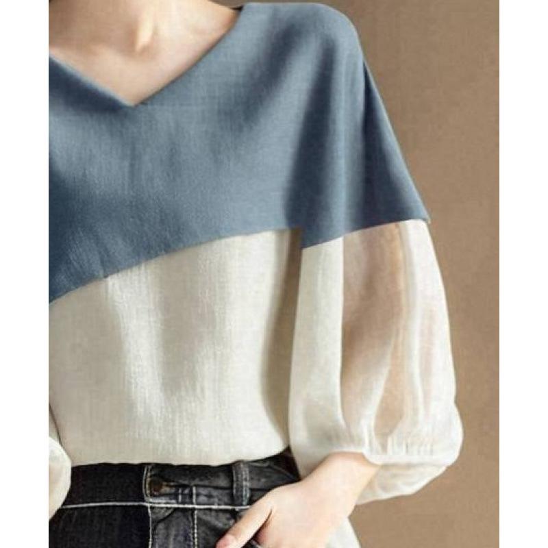 

Women s Japanese V-neck Patchwork Lantern Sleeve Top - Spring 2025 Large