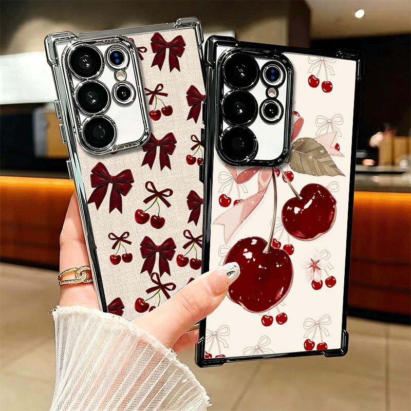 Cherry Bow Sweet Soft Phone Case For Samsung Galaxy S26 Ultra S25 Edge S24 FE S23 Plus S22 S21 + S20 Plating Anti-Fall Fundas