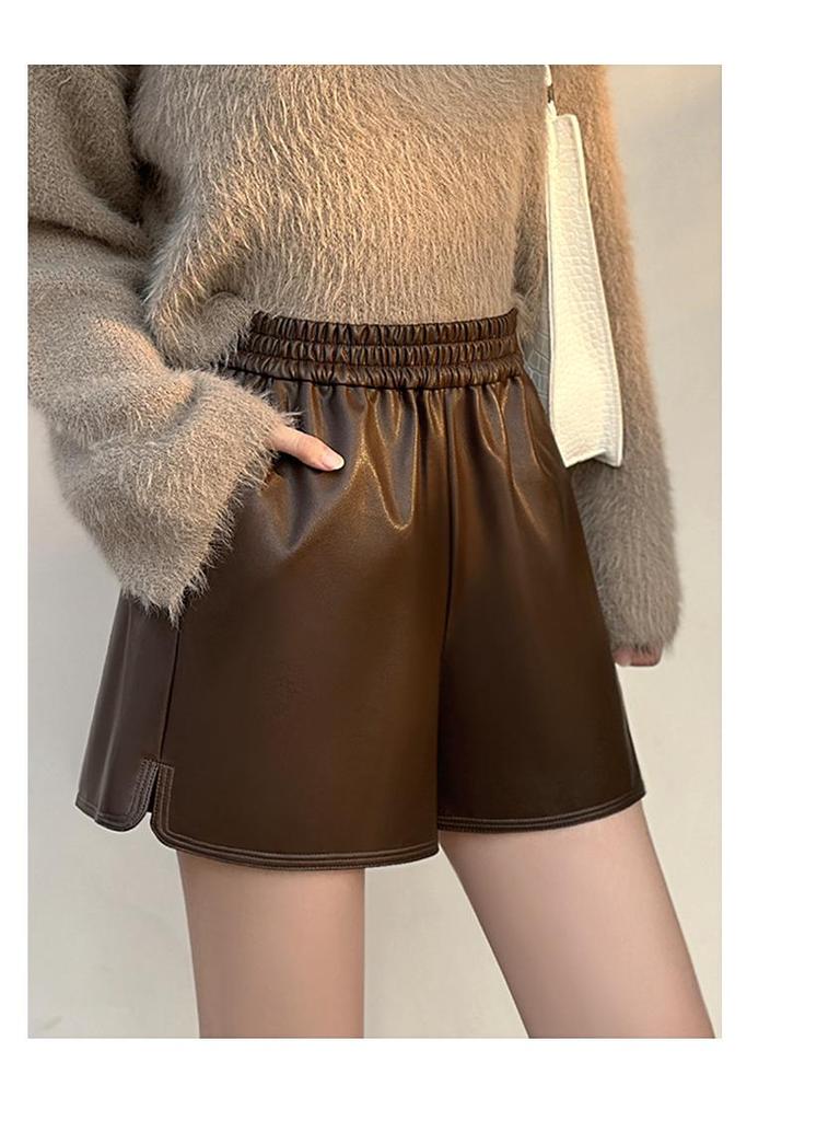 Черные шорты А-силуэта из искусственной кожи с высокой талией для женщин - Осенне-зимний стиль