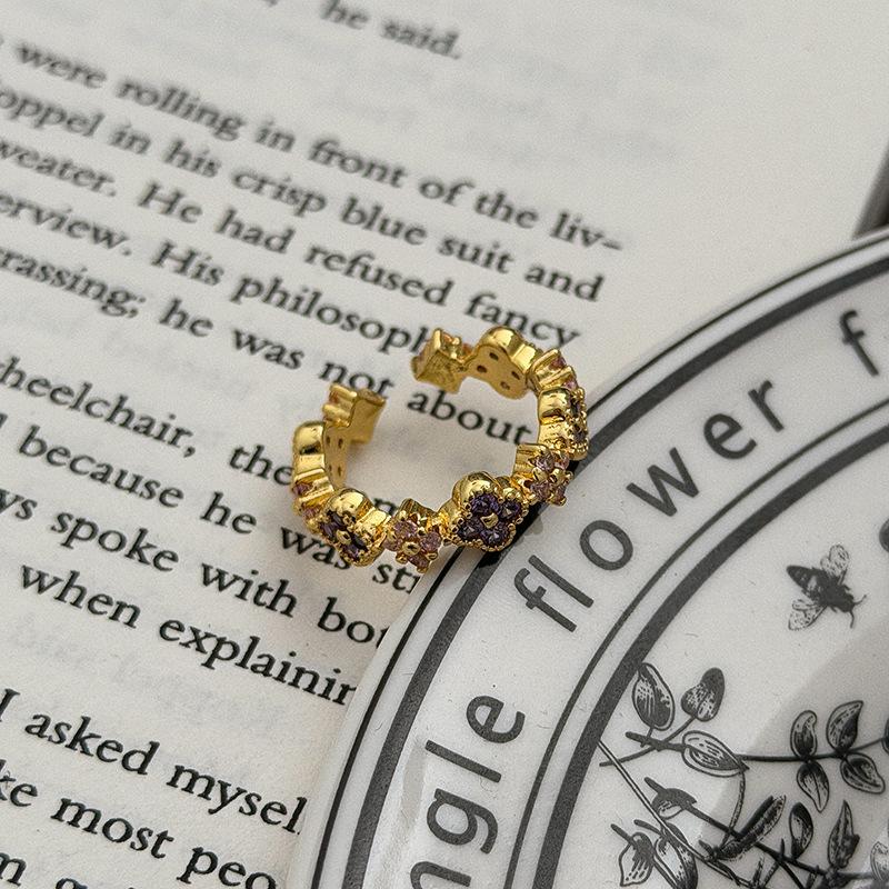Light Luxury Retro Style Multi-Colored Flower Four-Leaf Clover Full Of Diamonds Zir*****Pen Ring Small Flower Niche Design Stacked Ring Adjustable opening