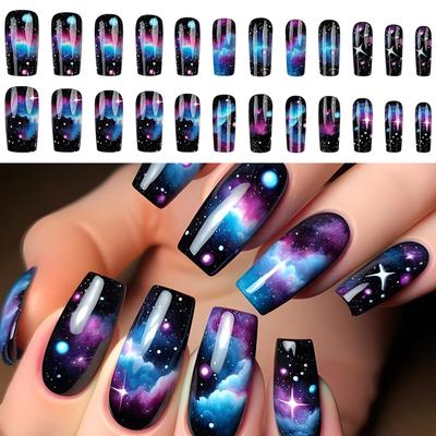 24 Pcs Star Cloud Press On Nail Square False Nail Stylish Acrylic Nail Glossy Full Cover Stick On Nail for Woman