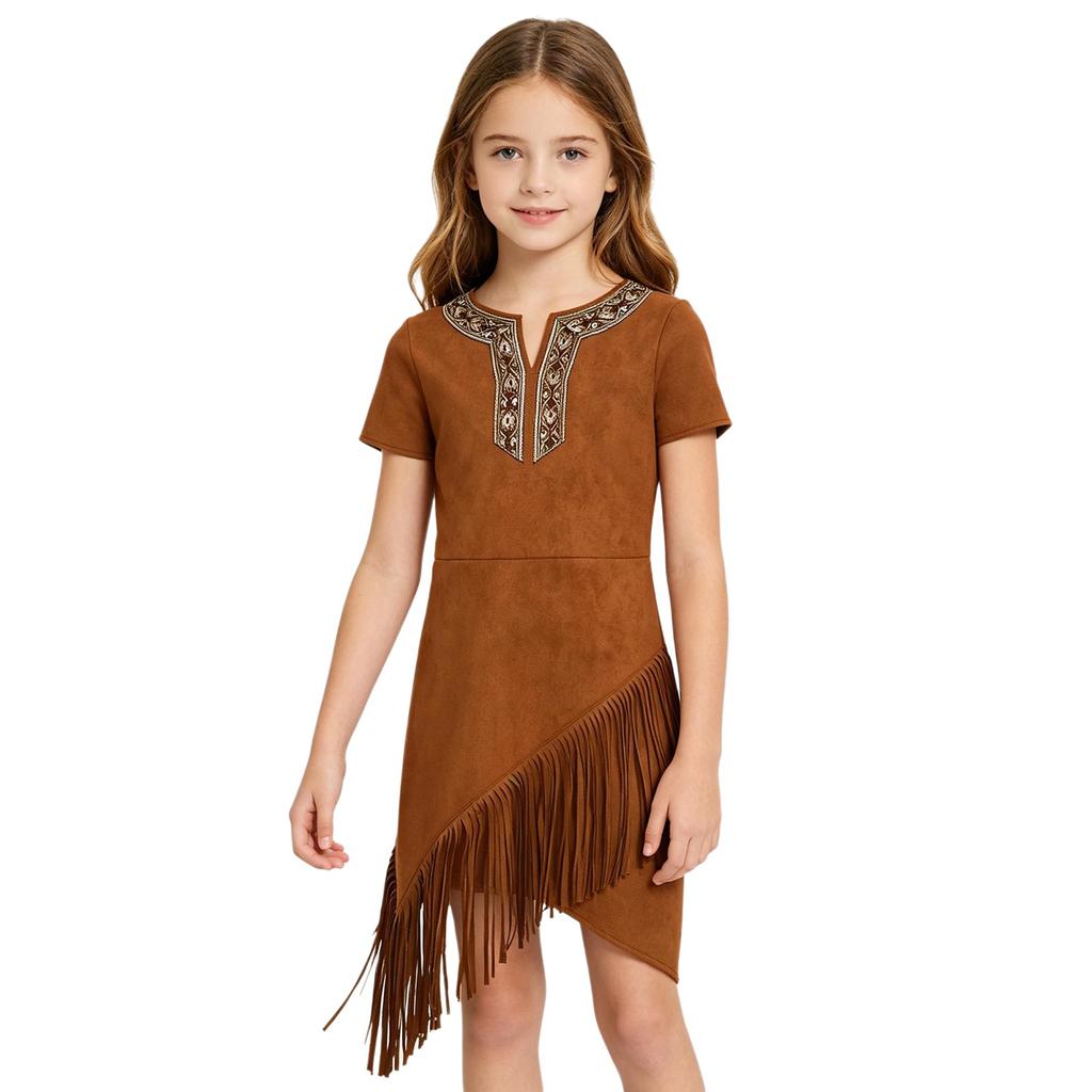Vestito da bambina stile Southwest con frange Ispirazione nativa Manica corta Orlo con nappe Asimmetrico per Danza teatrale a tema