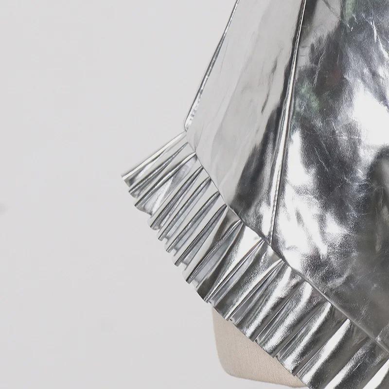 2025 Summer High Waist Zippered Pleated Silver PU Shorts for Women