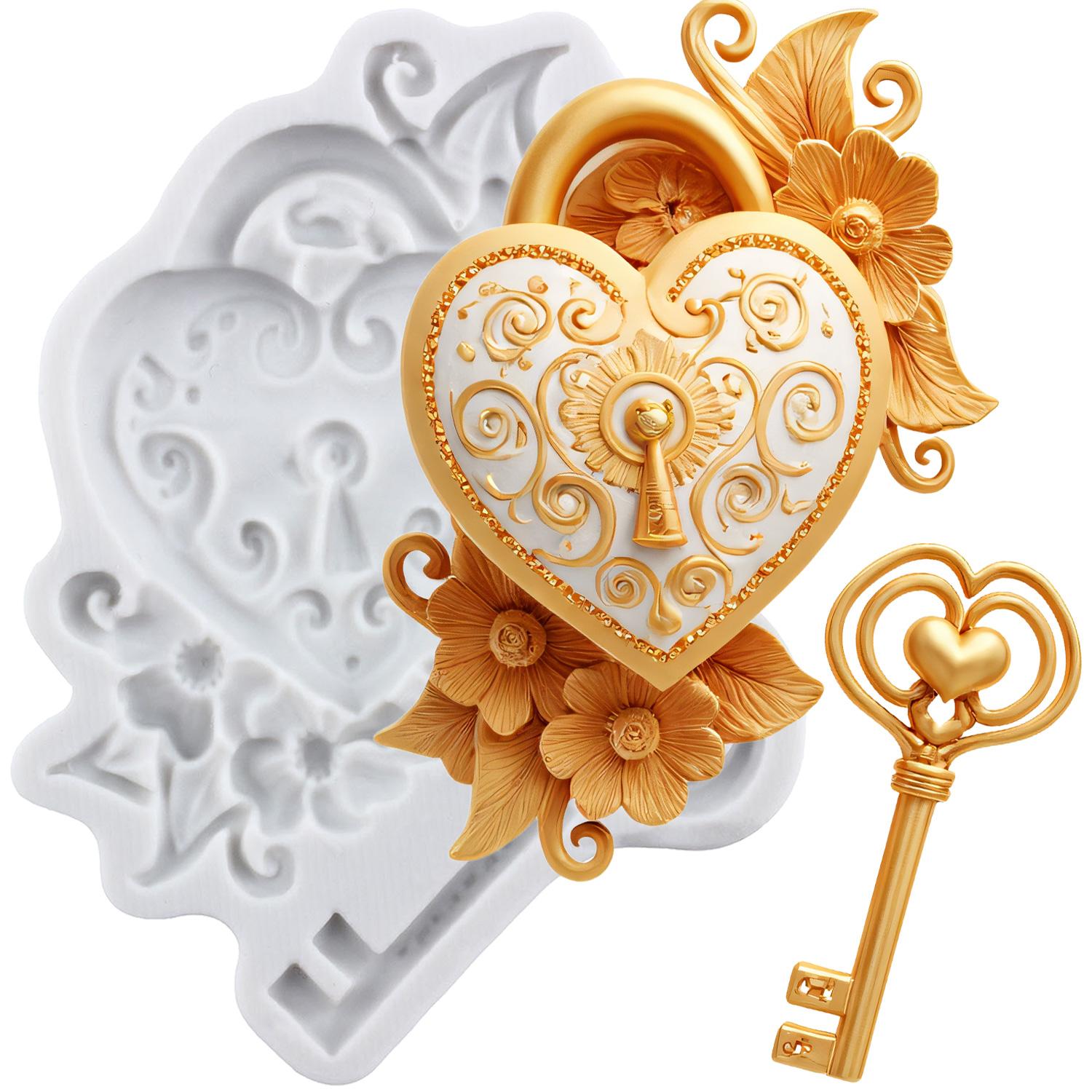 

Vintage Key Silicone Molds Heart Lock Keyhole Fondant Mold Cake Decorating Tools Cupcake Topper Candy Chocolate Gumpaste Mold серый