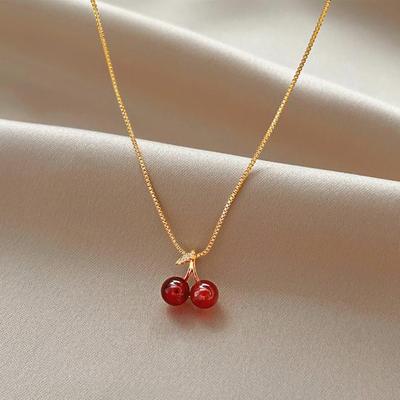Women Necklace Elegant Slim Chain Dainty Gift Hypoallergenic Red Cherries Pendant Necklace Jewelry