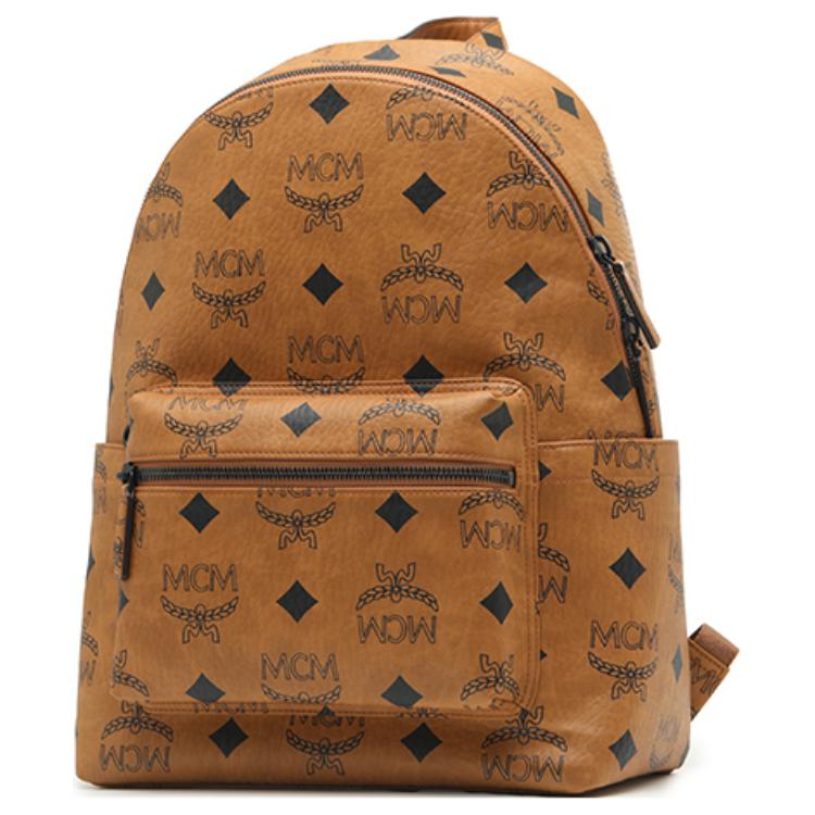 MCM Maxi Large Logo Design Monogram Print Classic Studded Coated Canvas Backpack Unisex backpack Brown Cognac MMKDAVE01CO001
