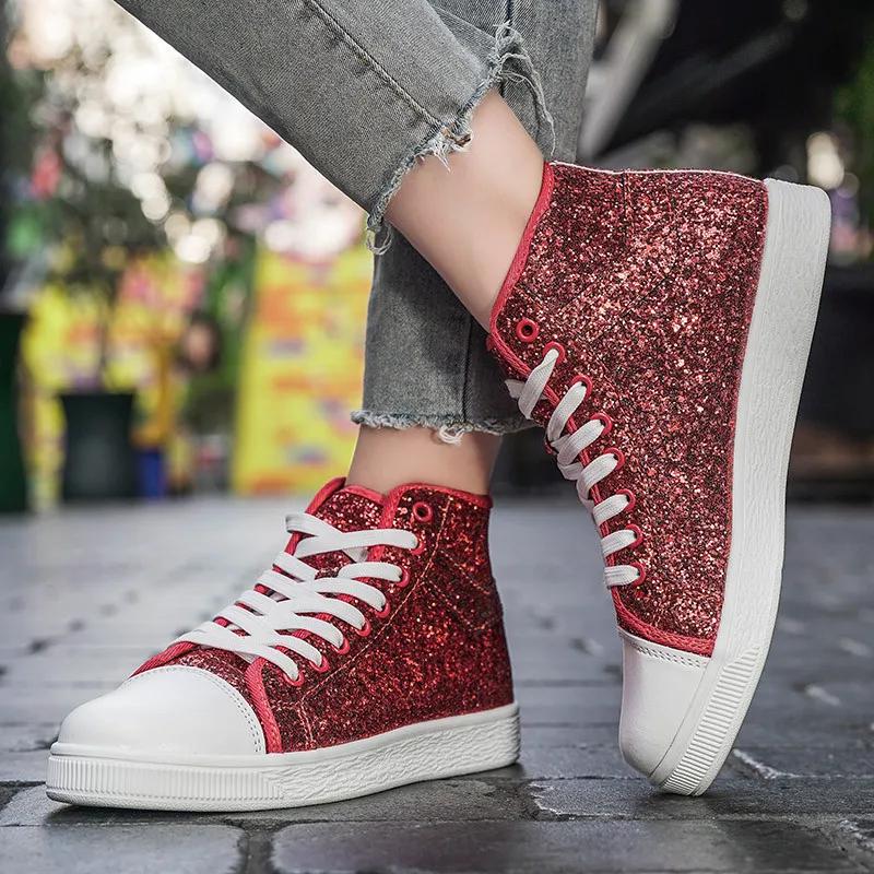 Luxury Red Designer Shoes Women High top Sneakers Lightweight Women's Vulcanized Shoes Fashion Glitter Sneakers Woman