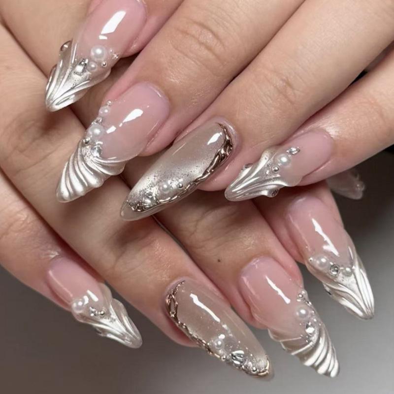 French light-colored cat s eye wearing nail 3D water ripple water drop manicure nail piece Pearl flash diamond fake nail piece