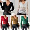 Women's Elegant V-neck Scalloped Neck Edge Solid Color Long Sleeve Slim Slim Pullover Lace Top