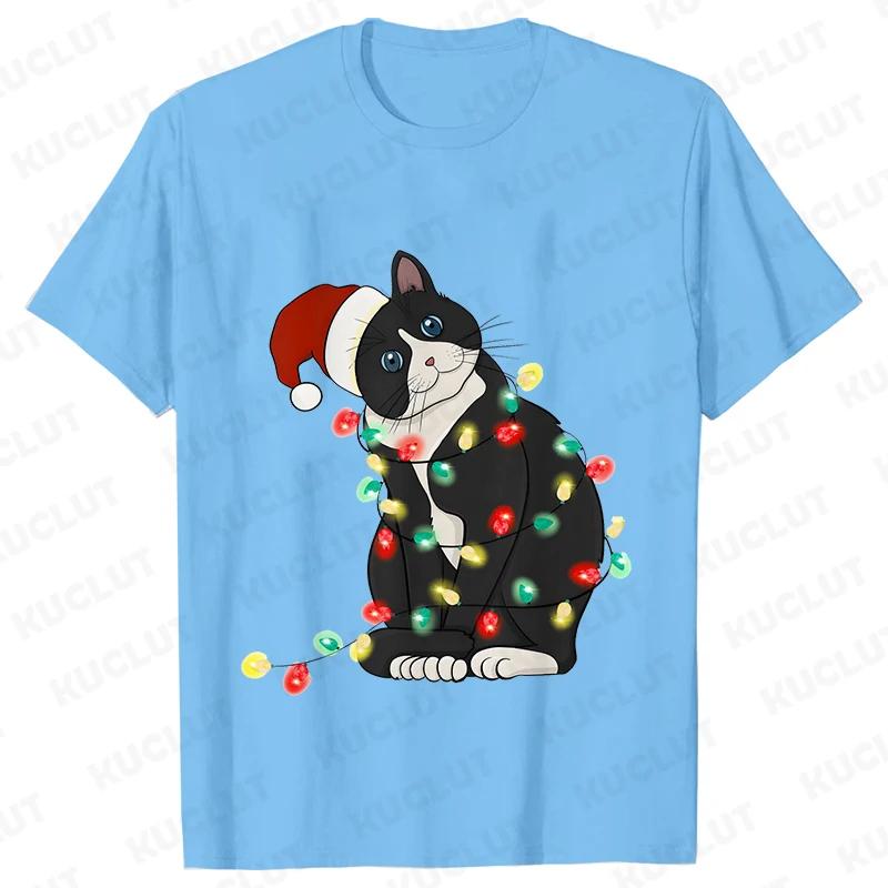 Fashion Trendy T Shirt Short Sleeve Tees for Unisex Funny Christmas Lights Cat T Shirts Female Korean Casual Streetwear Tshirt