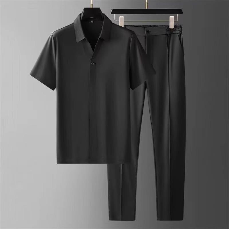 Herren Business Casual Kurzarm Nahtloses Seidenähnliches Zweiteiliges Set