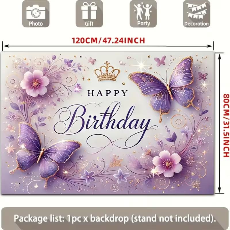2D Soft Purple & Gold Butterfly Themed Birthday Photo Booth Background Cloth