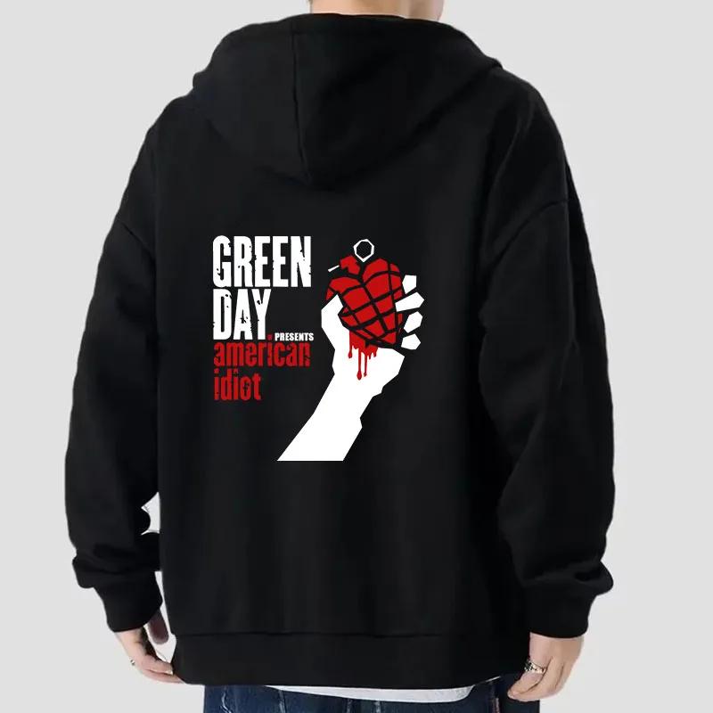 Cardigan con Cappuccio da Uomo Autunnale Green Day Saviors Stampato con Zip Pullover Tinta Unita Abbigliamento Largo Harajuku Hip Hop Top