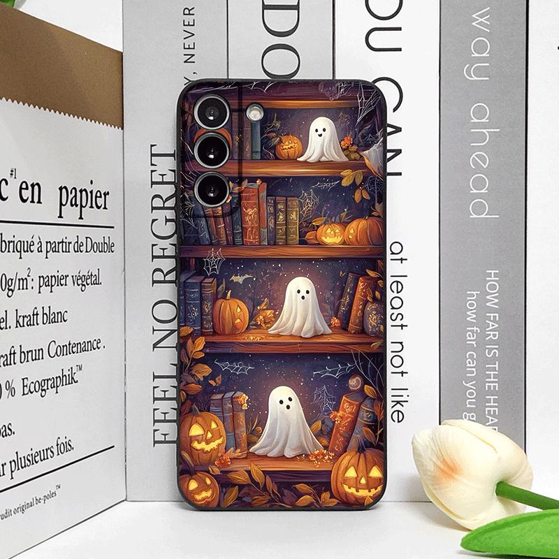 Halloween Pumpkin Ghost Bookshelf Book Phone Case for Samsung Galaxy A56 A42 A13 A14 A55 A16 A54 A36 A53 A52 A51 A50 Soft Covers