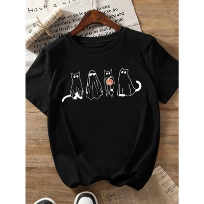 Halloween Cat Print T-Shirt Print T-Shirt Women's Crewneck Casual Short Sleeve T-Shirt Summer Streetwear Tops Tees