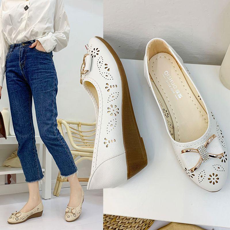 

Slope Heel Bow Round Toe Single Shoe New Breathable Nursing Women s Shoes 36