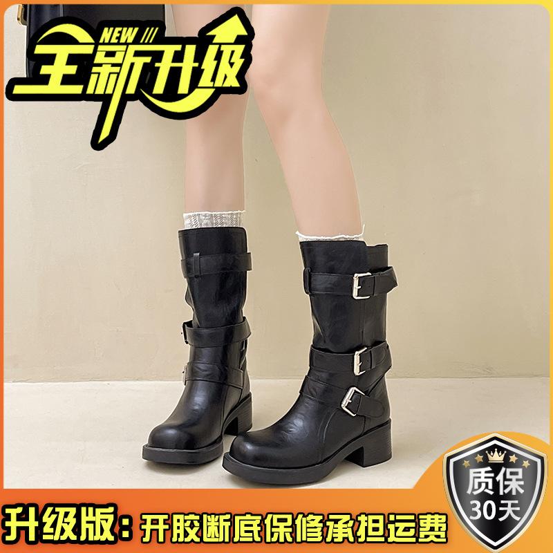 British Style Platform High-heeled Martin Boots Women's Autumn and Winter Fashion Versatile Design Belt Buckle Heightening Fashion Boots Short Boots