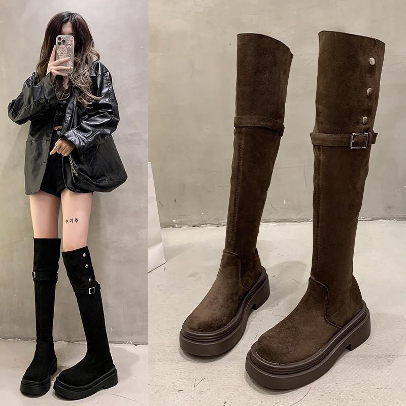 Womens Over-the-Knee Thick Heel Boots Versatile Foldable
