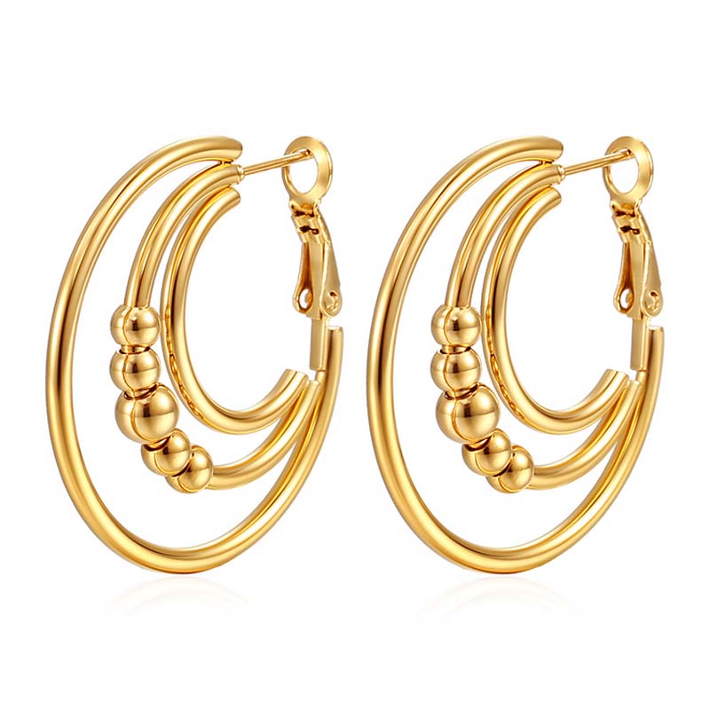 

Stainless Steel Multilayer Round Bead Hoop Earrings For Women Men Vintage Gold Color Double Circle Smooth Earrings Zircon Gifts