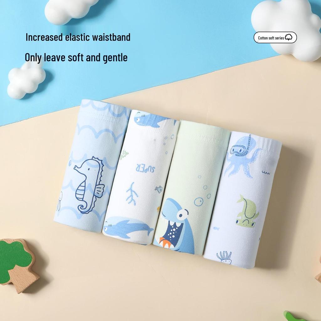 Wide Waist Non-Binding Boys' Pure Cotton Cartoon Boxer Briefs, Antibacterial Crotch, Class A, Four-Corner Design, Primary School Underwear