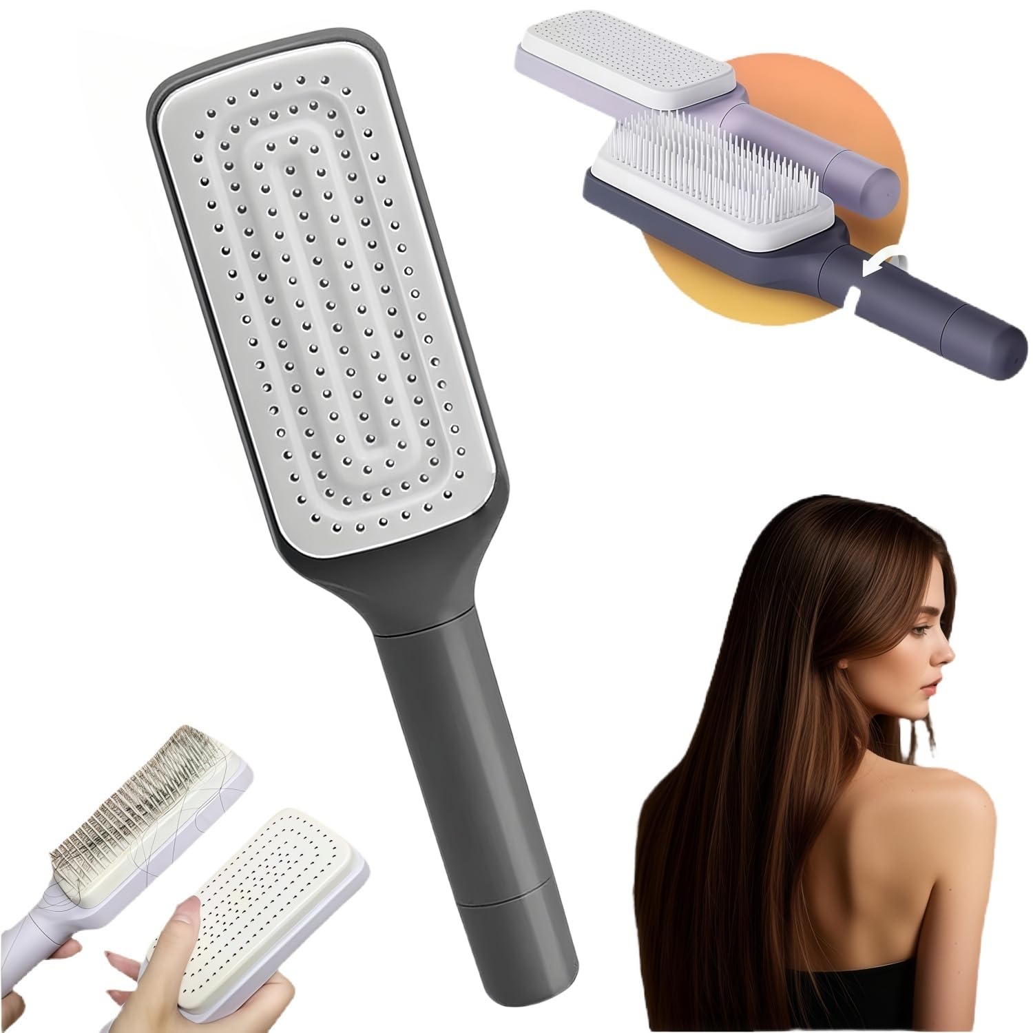 2025 New Model Retractable Hair Brush Self Cleaning Hair Brush for Women.Self Cleaning Brush for Effortless care and Hair Removal. (Purple) темно серый