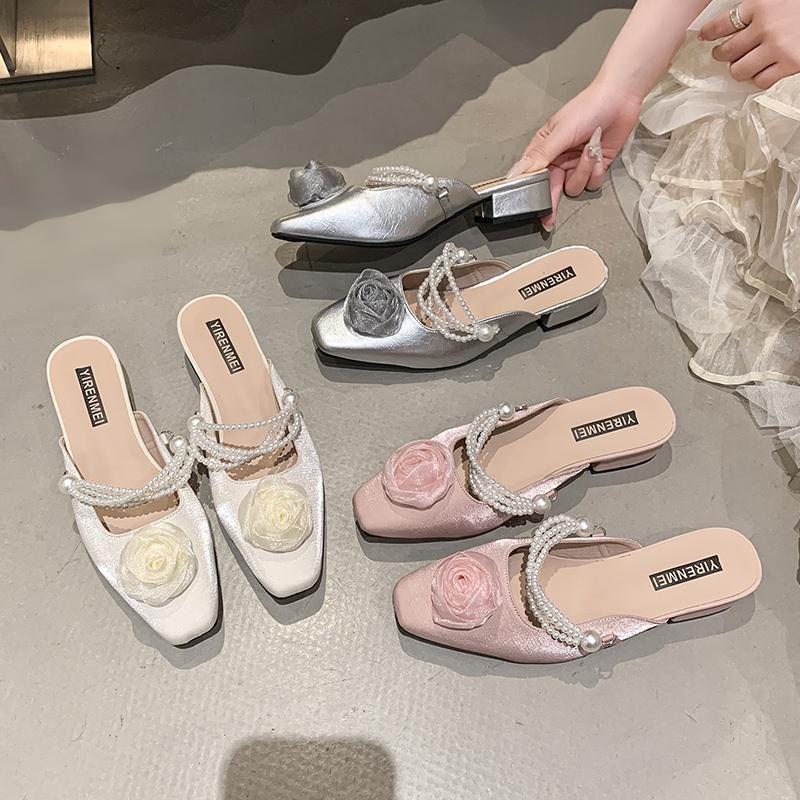 Fashion Mules For Women 2025 String Bead Square heel Cover Toe Low High-Heeled Shoes Lady Flower Ladies' Slippers Block Slides Floral