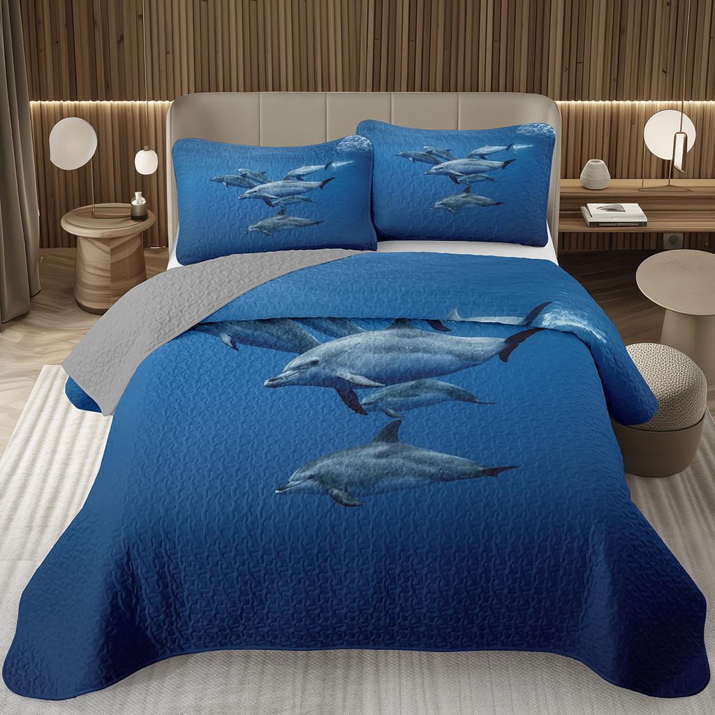 Cute Dolphin Bedspread Twin/King Reversible Grey Quilted Coverlet Ocean Animal Bedding Set 2/3 Pieces Soft Lightweight Quilt Set