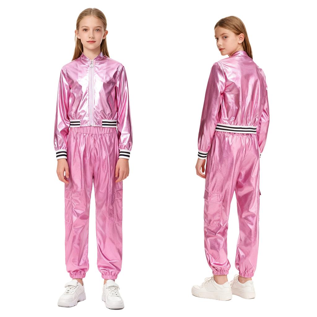 Kids Girls Hip-Hop Jazz Dance Costume Complete Set: Metallic Zipper Jacket & Pants, Stand Collar Long Sleeve Stage Outfit