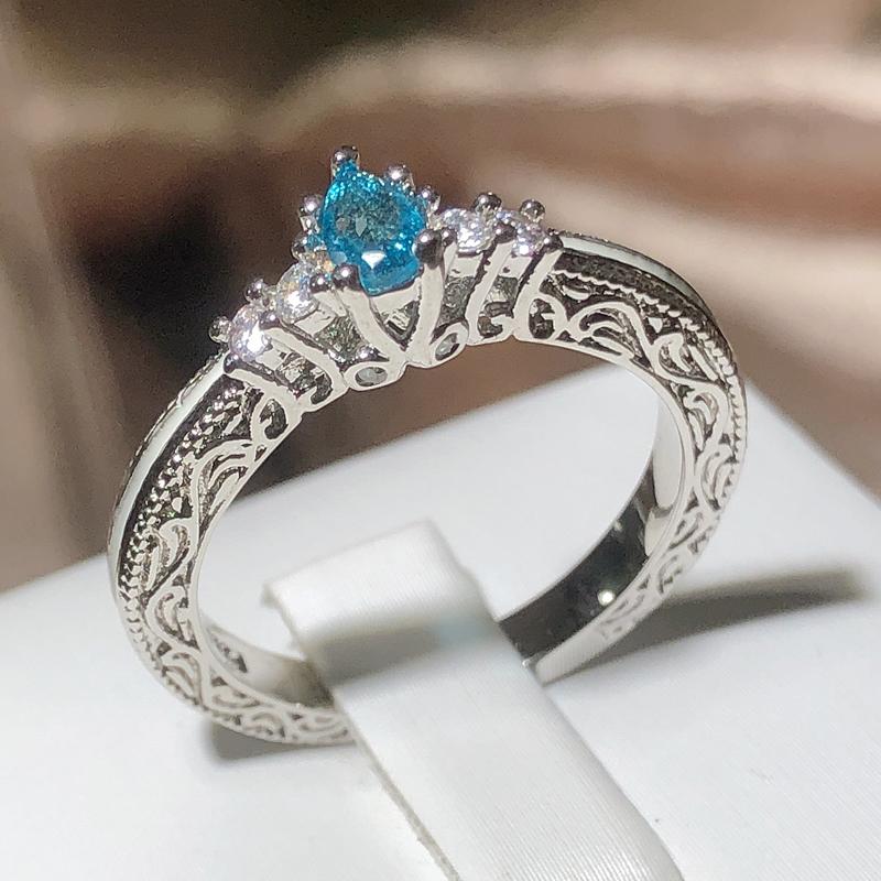 New Fashion Hollow Water Drop Aquamarine Topaz Ring 925 Stamp Party Wedding Jewelry Gift Wholesale