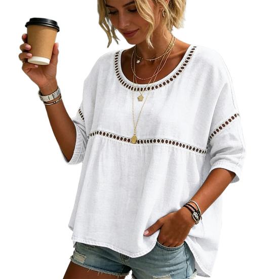

Women Tops Round Neck Half Sleeve Loose Fit Tee Shirt Pure Color Hollow Design Soft Stretchy Blouse Daily L