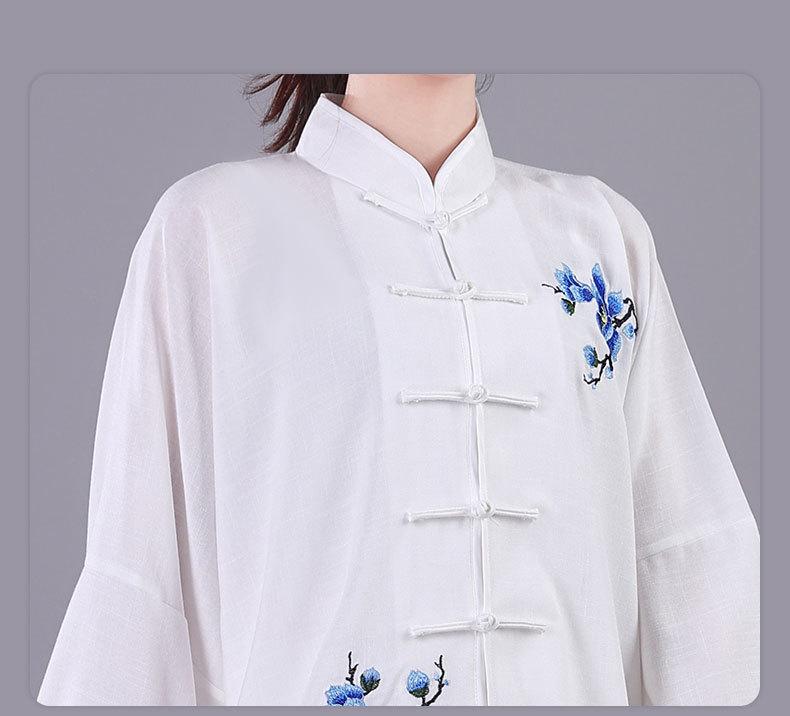 Damski Haftowany Garnitur Tai Chi - Wiosna/Jesień Płynna Bawełna Lniana, Długi Rękaw Kung Fu do Występów, Styl Chiński