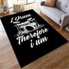 "Black Drum Kit Carpet with 'I Drum Therefore I Am' Lettering Print" Suitable for use as an anti-slip for living room bedroom sofas