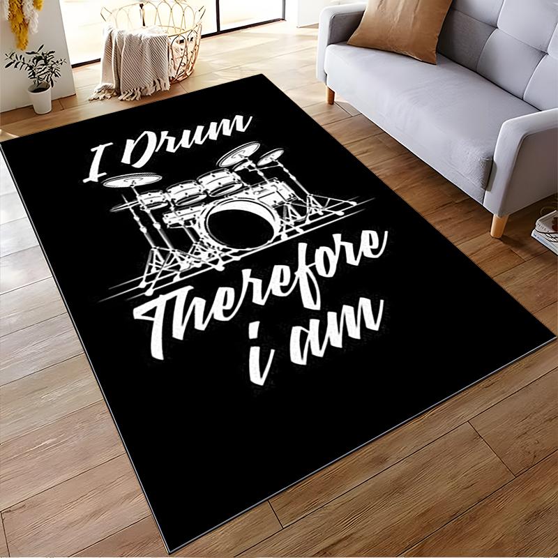 "Black Drum Kit Carpet with 'I Drum Therefore I Am' Lettering Print" Suitable for use as an anti-slip for living room bedroom sofas