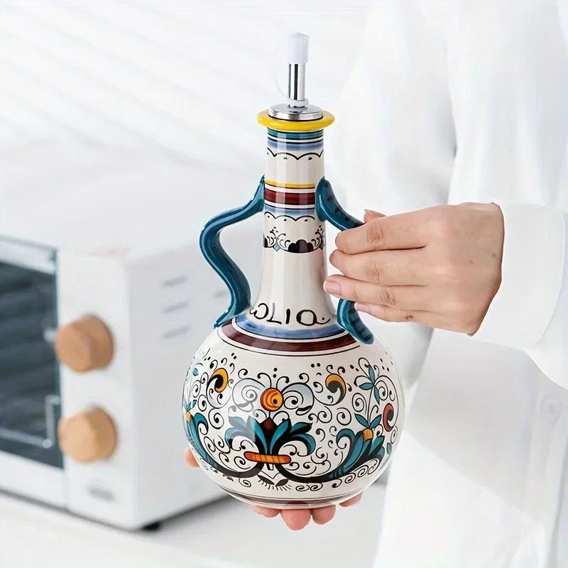 Dual Ear Ceramic Olive Oil Bottle Soy Sauce Vinegar Multifunctional Kitchen Seasoning Drainage Bottle Kitchen Accessories