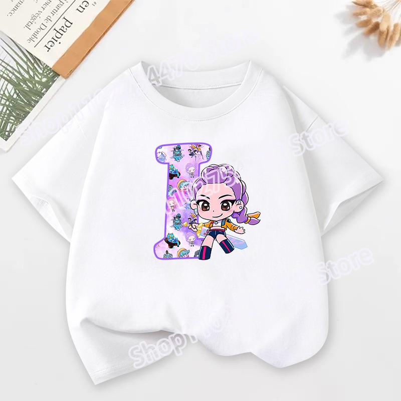 KPop Demon Hunters Child Short Sleeve T-shirt Cartoon Rumi Mira Zoey A-Z Print Cotton Tops Kawaii Summer Casual Tees Kids Gifts