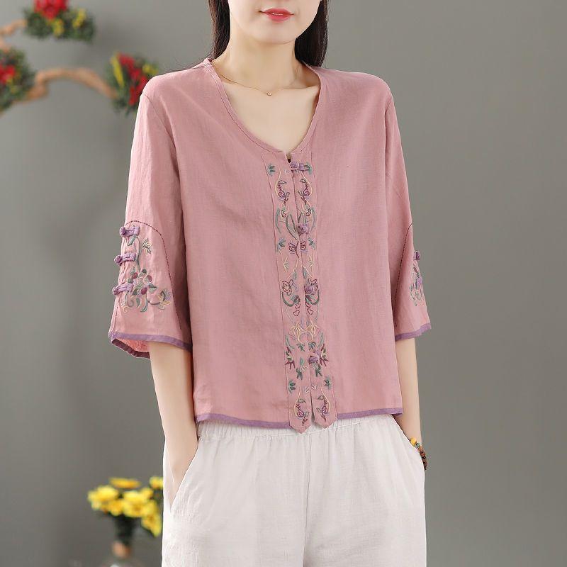 Summer Women's Clothing Shirts Blouse Blusa Mujer Vintage Casual Camisas Women Blouses Linen V Neck Embroidery