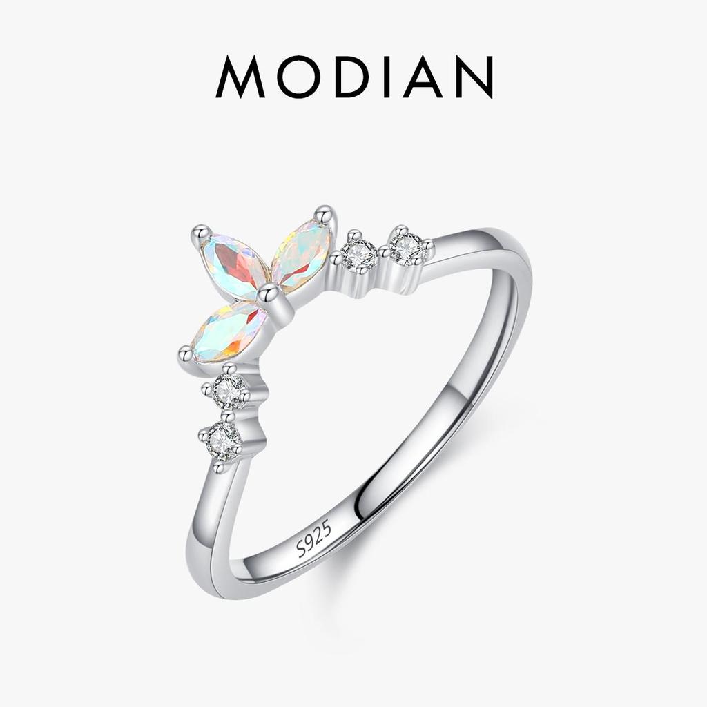 MODIAN Echt 925 Sterling Silber Mode Krone Fingerring für Frauen Regenbogen Feuer Zirkon Hochzeit Verlobungsband Edlen Schmuck