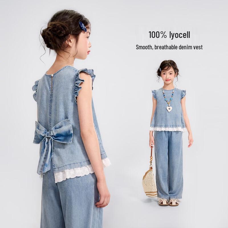 Girls Sleeveless Denim Lace Summer Shirt 130