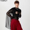 INCERUN Men Ruffled High Neck Patchwork Front Cross Fitted Tops Mesh Sheer Irregular T-shirts