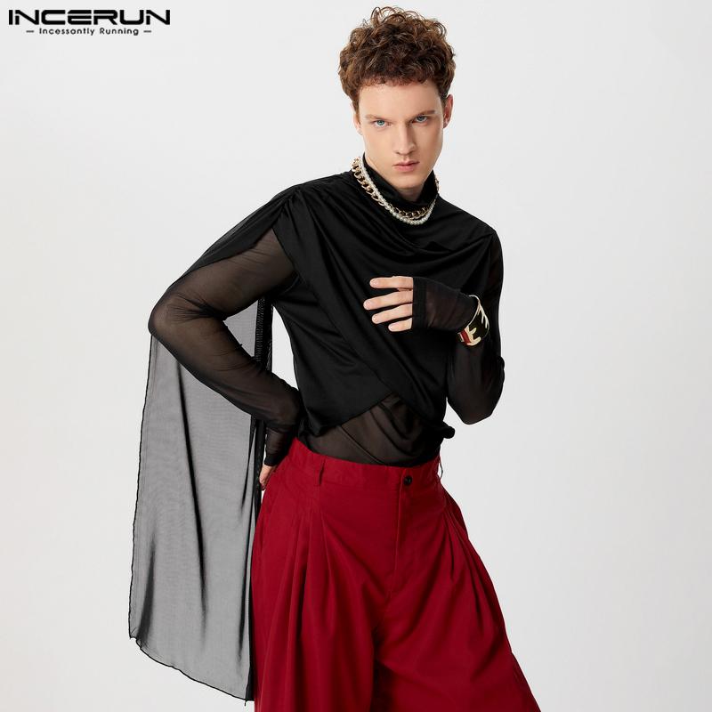 INCERUN Men Ruffled High Neck Patchwork Front Cross Fitted Tops Mesh Sheer Irregular T-shirts