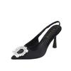 Black pointed high-heeled single shoes women's buckle rhinestones spring and summer new versatile side empty stiletto with skirt