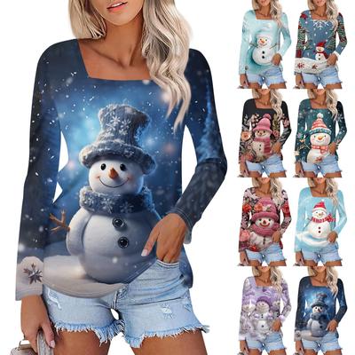 Women's Fashion Casual Long Sleeve Christmas Snowman Printed T-shirt Top