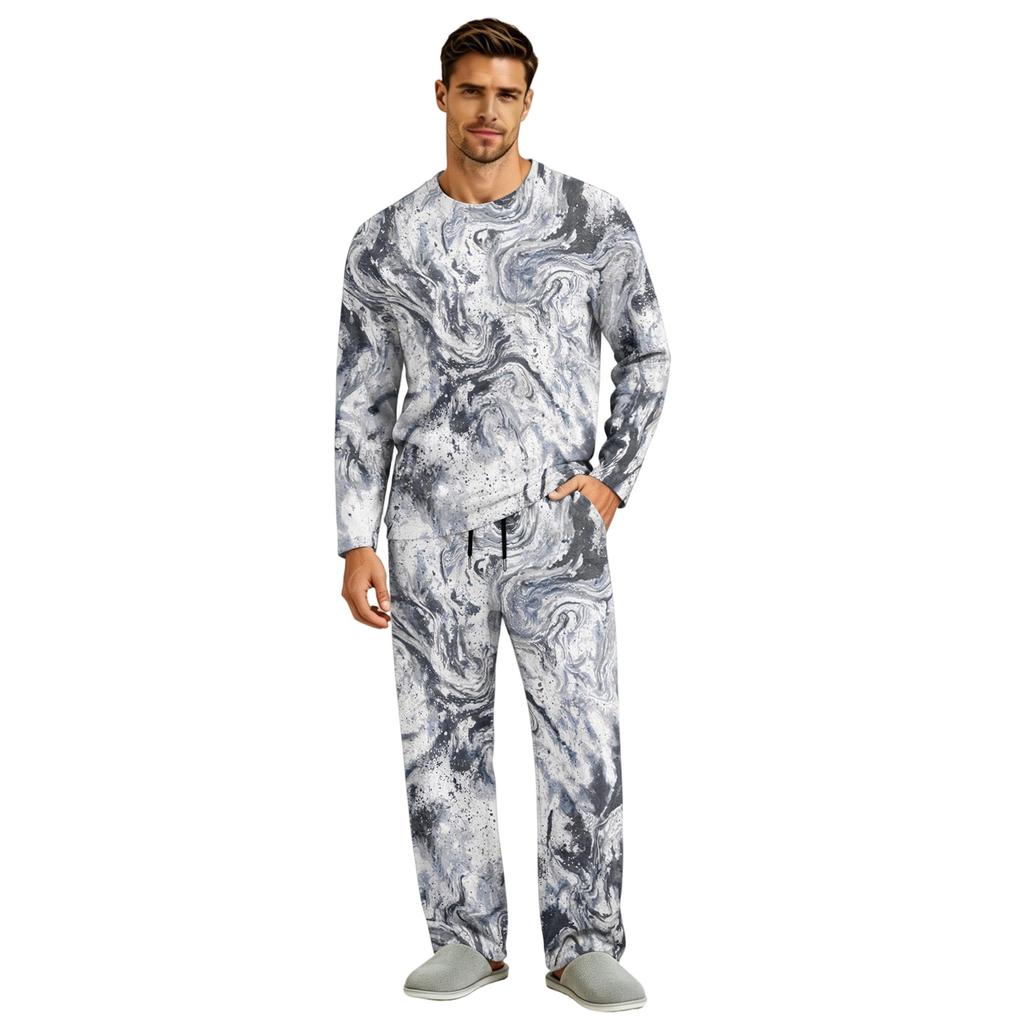 Men's Pajama Set Long Sleeve Top and Long Pants with Button Crotch and Elastic Drawstring Waist for Home Loungewear