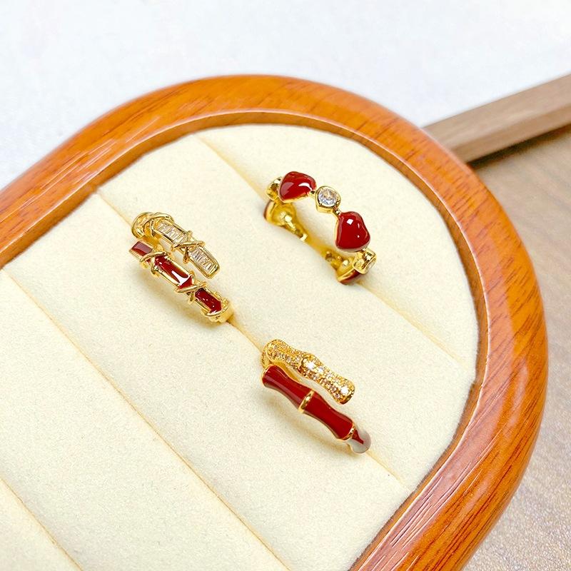 Ankola Red Drip Glaze Open Ring Women'S Light Luxury Niche High-End Index Finger Ring Retro White Stacked Wearing Ring