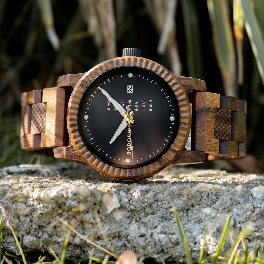 BOBO BIRD Men's Wooden Watch with Analog Quartz Movement, Day Calendar Display, Lightweight Handmade Wooden Men's Wristwatch (Black)