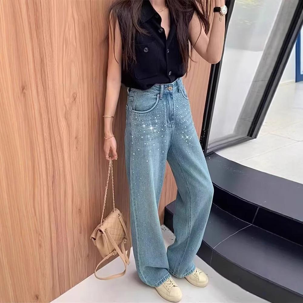 

Женские новые летние брюки с высокой посадкой, прямые, зауженные, широкие от бедра, цвета выстиранный синий 2XL синий