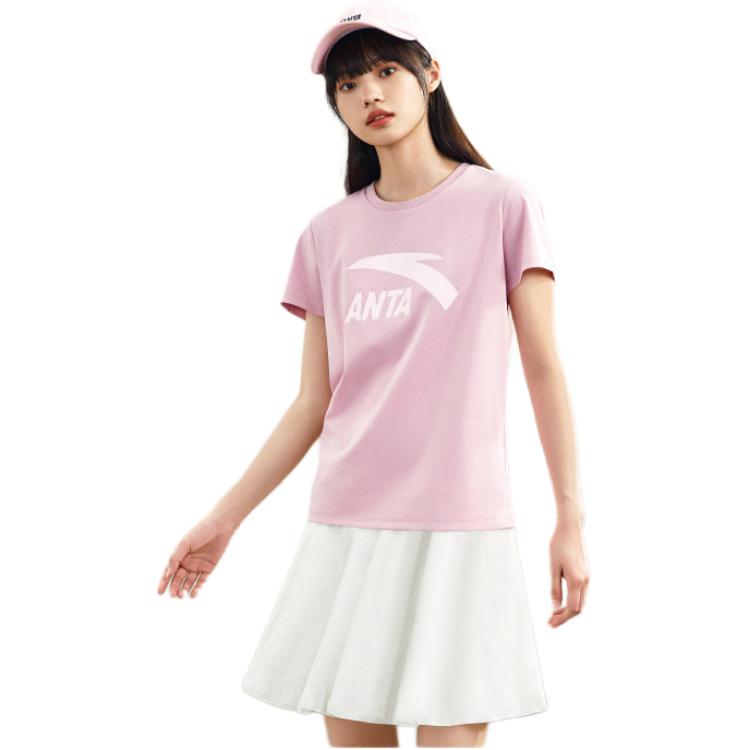 Anta Comfortable Casual Simple Versatile Round Neck Pullover Short Sleeve T-Shirt Women T-Shirts Pink 962528115-6