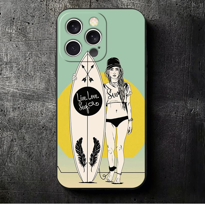 Surfboard Surfing Surf Summer Soft Phone Case for iPhone 16 16E 17 Air 15 Pro Max 14 Plus 13 Mini 11 12 7 Black Cover Back Shell