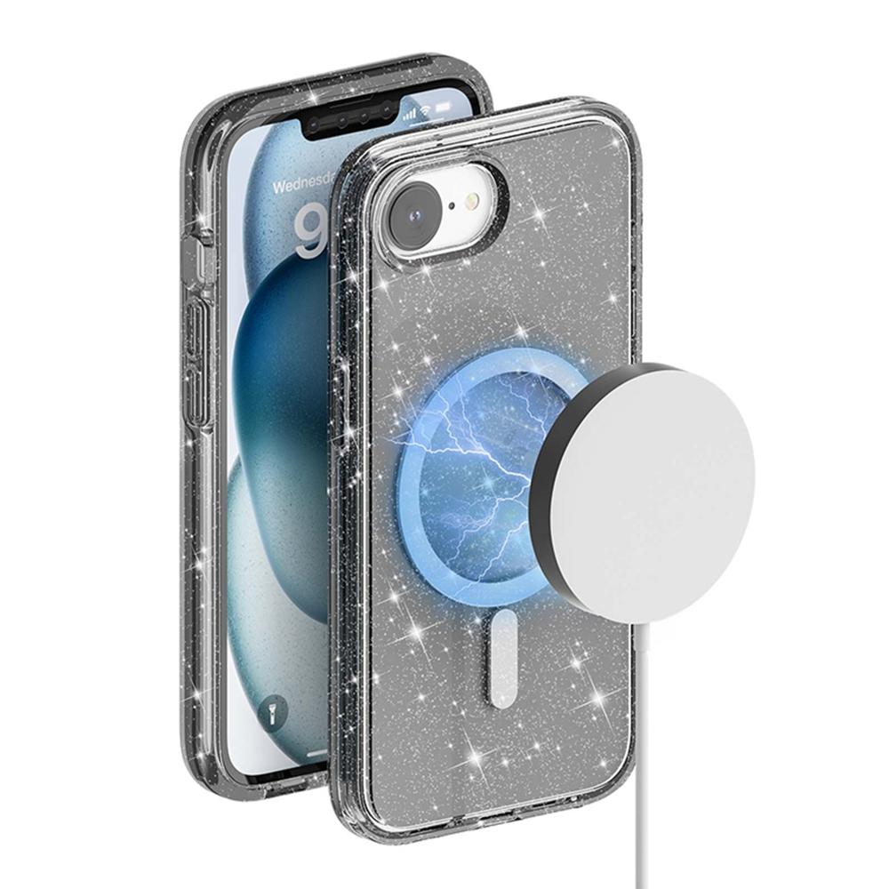 For iPhone 16e Magnetic Case Support Wireless Charging Glitter Powder PC + TPU Phone Cover